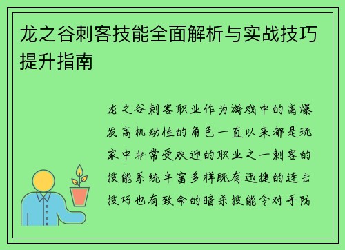 龙之谷刺客技能全面解析与实战技巧提升指南